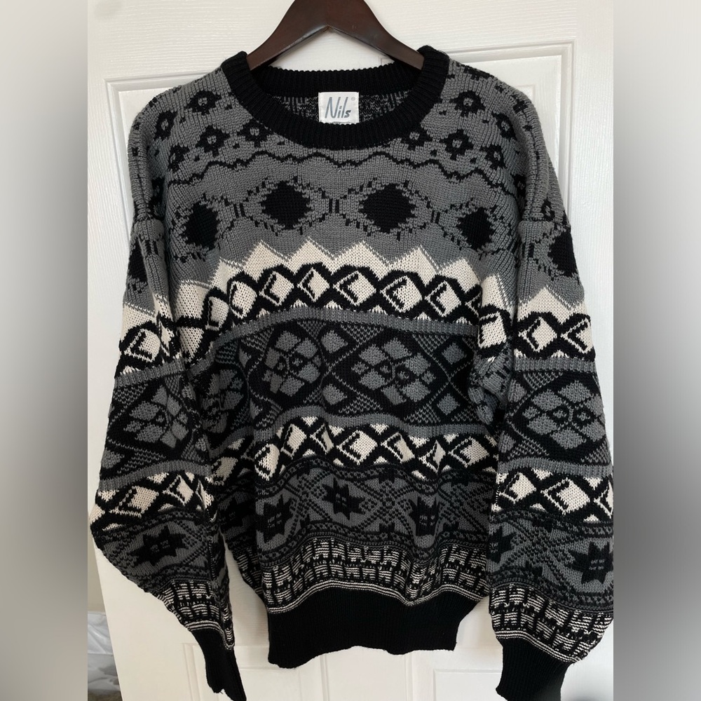 Vintage NILS XL‎ wool Black Winter Snow Ski Sweater 90s Extra Large Mens Women’s